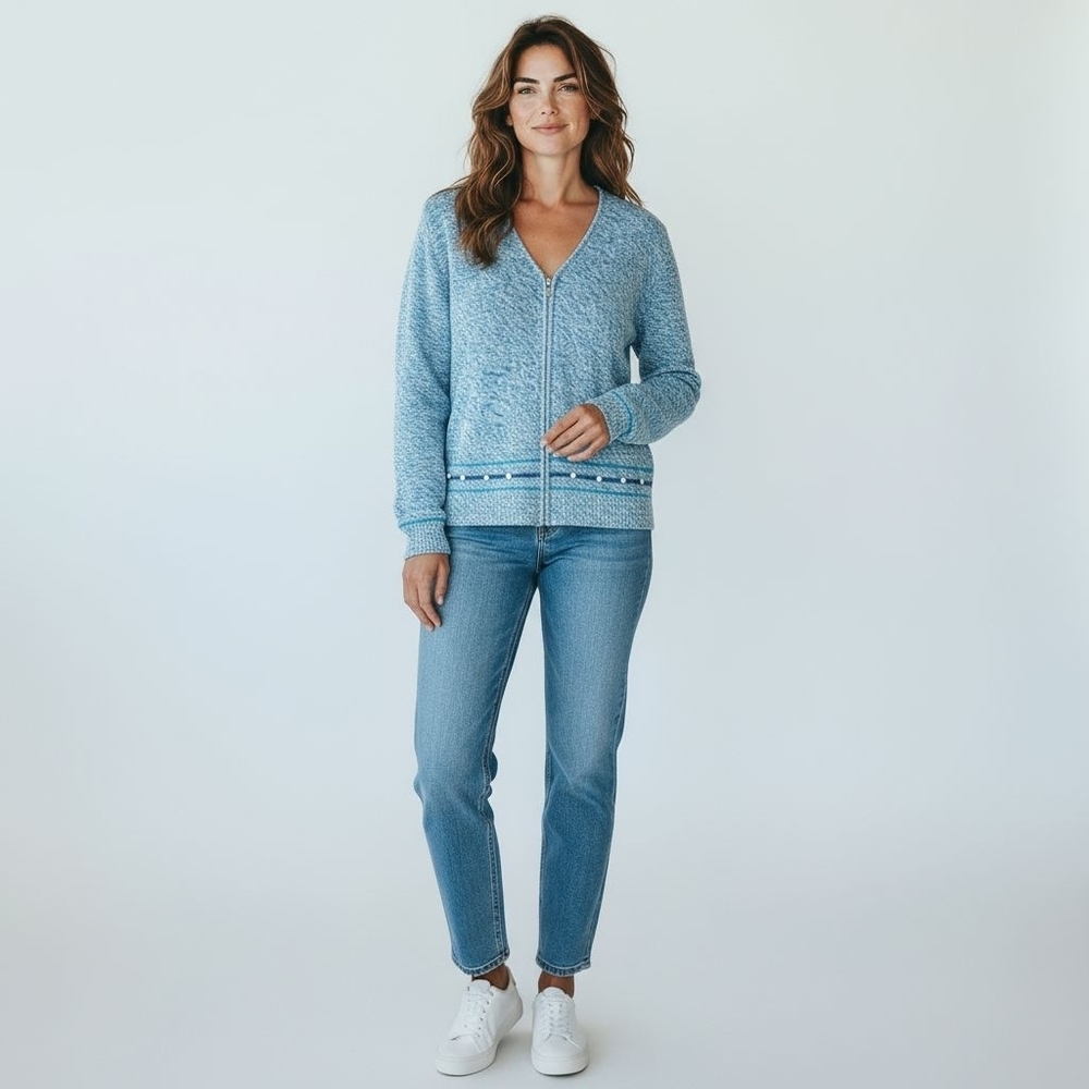 CHRISTOPHER & BANKS Warm longsleeveblue & white speckled zip-upโv- neck Sweater - Picture 3 of 16